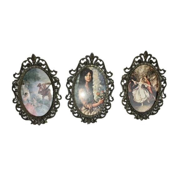 Vintage 3 Piece Framed Prints Set Ornate Oval Brass Filigree Frame - Picture 1 of 16